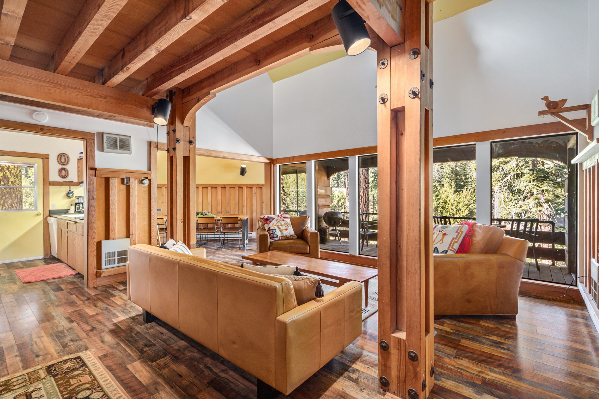 Warm wood living room with mountain views